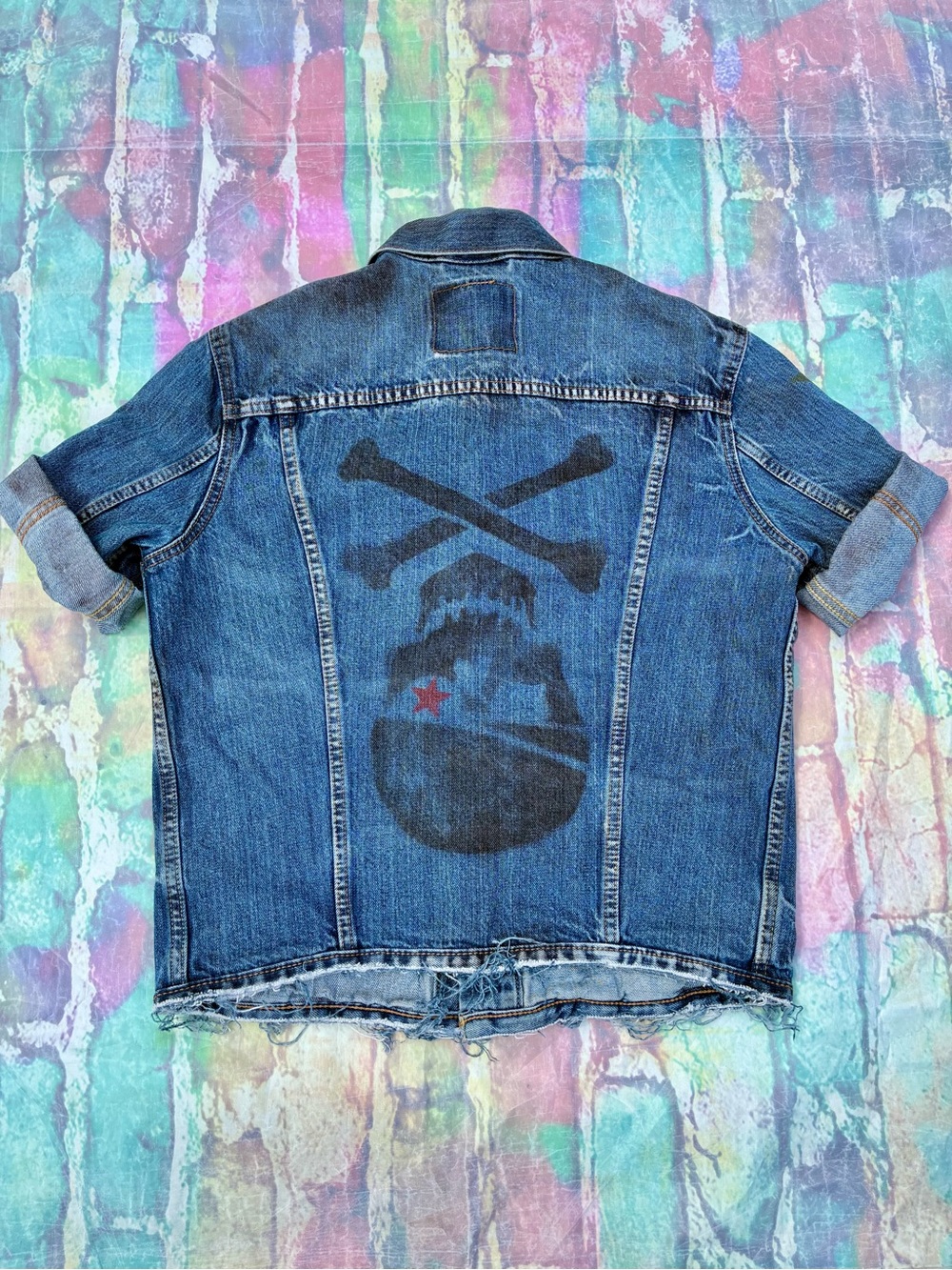 Levi’s Custom Painted Blue Denim Jacket with Skull & Crossbones Graphic